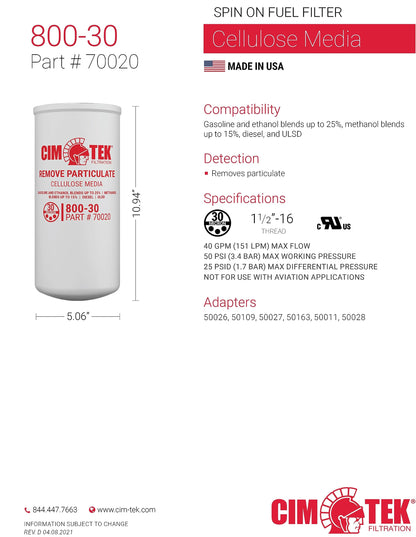 Cim-Tek 70020-6 800-30 Filter Particulate 1-1/2" 16 UNF 40 GPM 6-Pack
